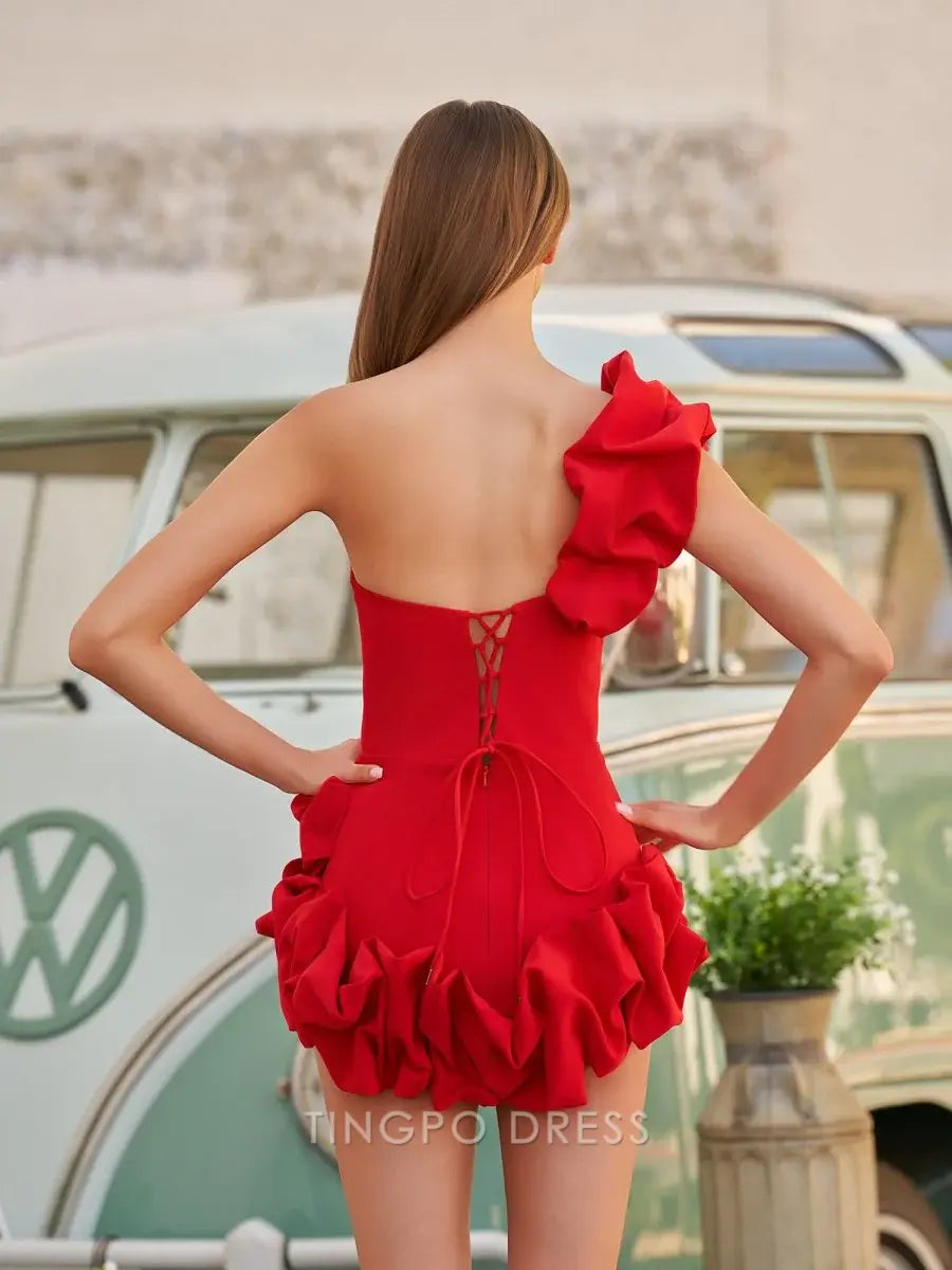 Elegant One - Shoulder Ruffle Mini Dress with Lace - Up Back Prom Dress
